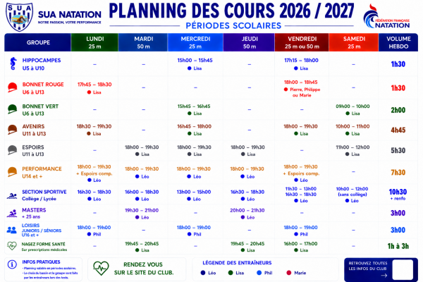 Horaires entrainements 2026-2027