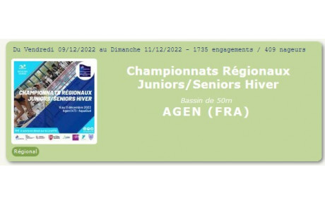 Championnats régionaux Juniors/Séniors à Agen du 9 au 11 décembre