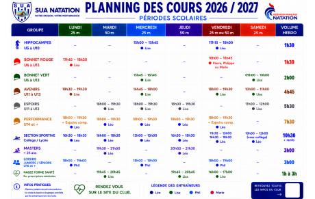 Horaires entrainements 2026-2027